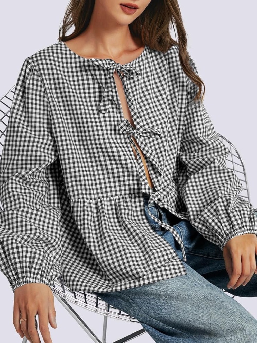 Casly Lamiit Cottagecore Navy Gingham Tie-Back Peplum Top - Size M (Like New)